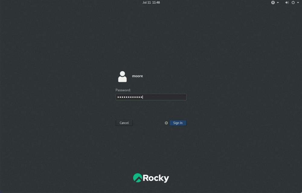 Primer aviso de autenticación de Rocky Linux, introduzca su contraseña