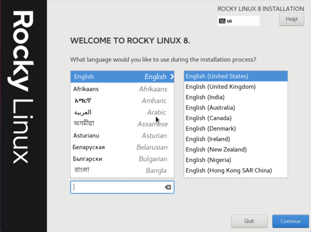 Rocky Linux Idioma menu